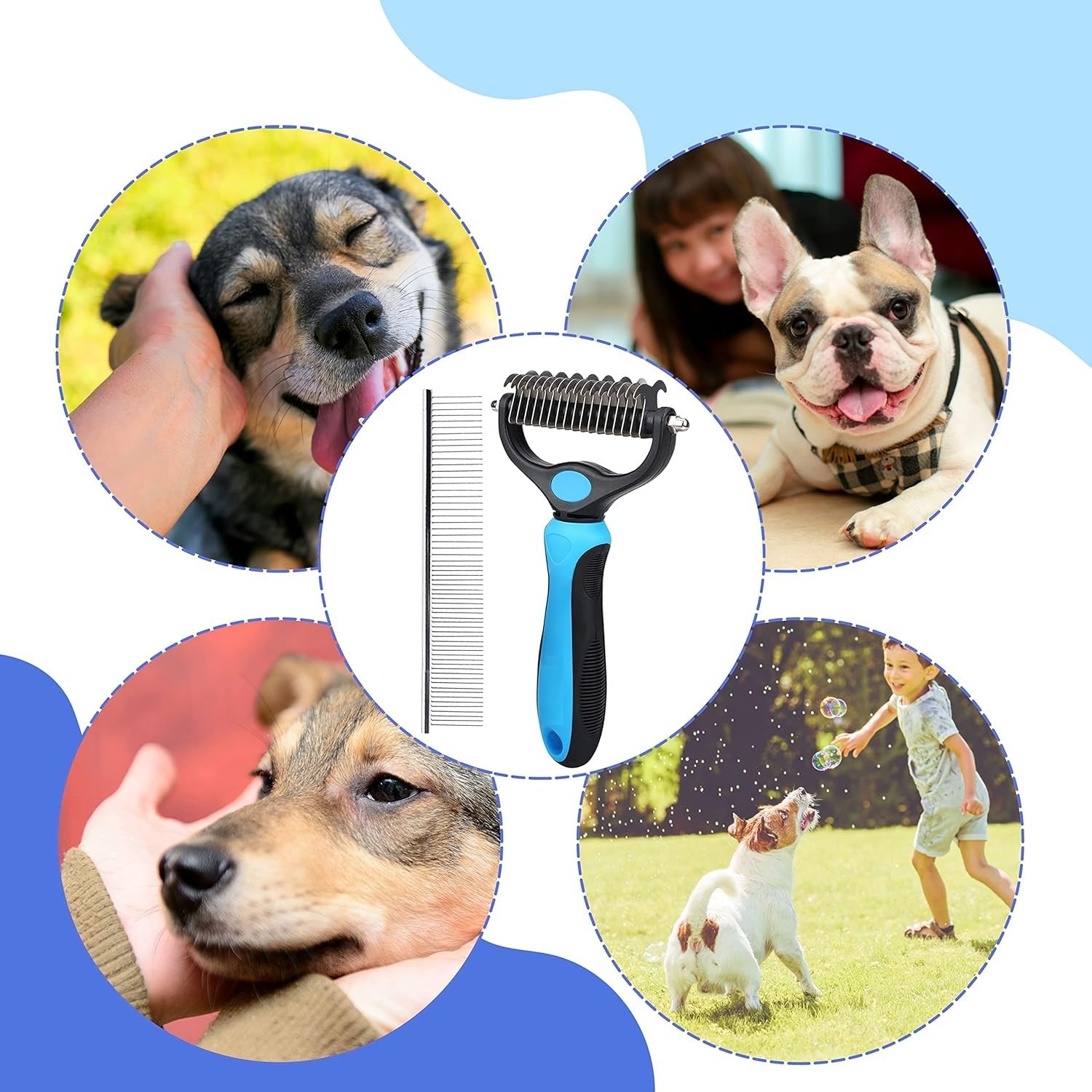 SILENCIO Undercoat Rake for Dogs Double Coat with Pet Comb, Pet Grooming Brush Double-Sided Deshedding Tool Removes Knot & Tangled Hair Dematting Comb for Dogs with Dog Comb for Grooming Furever Brush