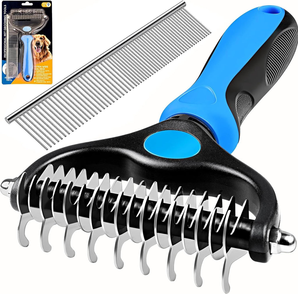 SILENCIO Undercoat Rake for Dogs Double Coat with Pet Comb, Pet Grooming Brush Double-Sided Deshedding Tool Removes Knot & Tangled Hair Dematting Comb for Dogs with Dog Comb for Grooming Furever Brush